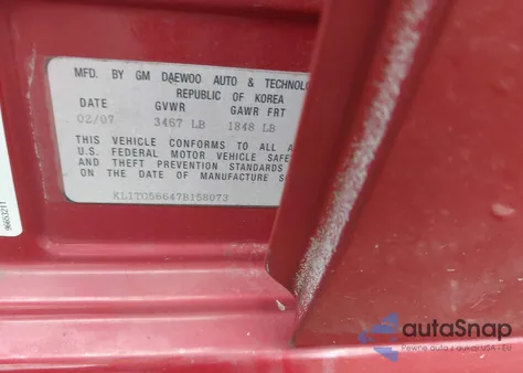 2007 Chevrolet Aveo Lt z USA, uszkodzony, nr VIN KL1TG56647B158073